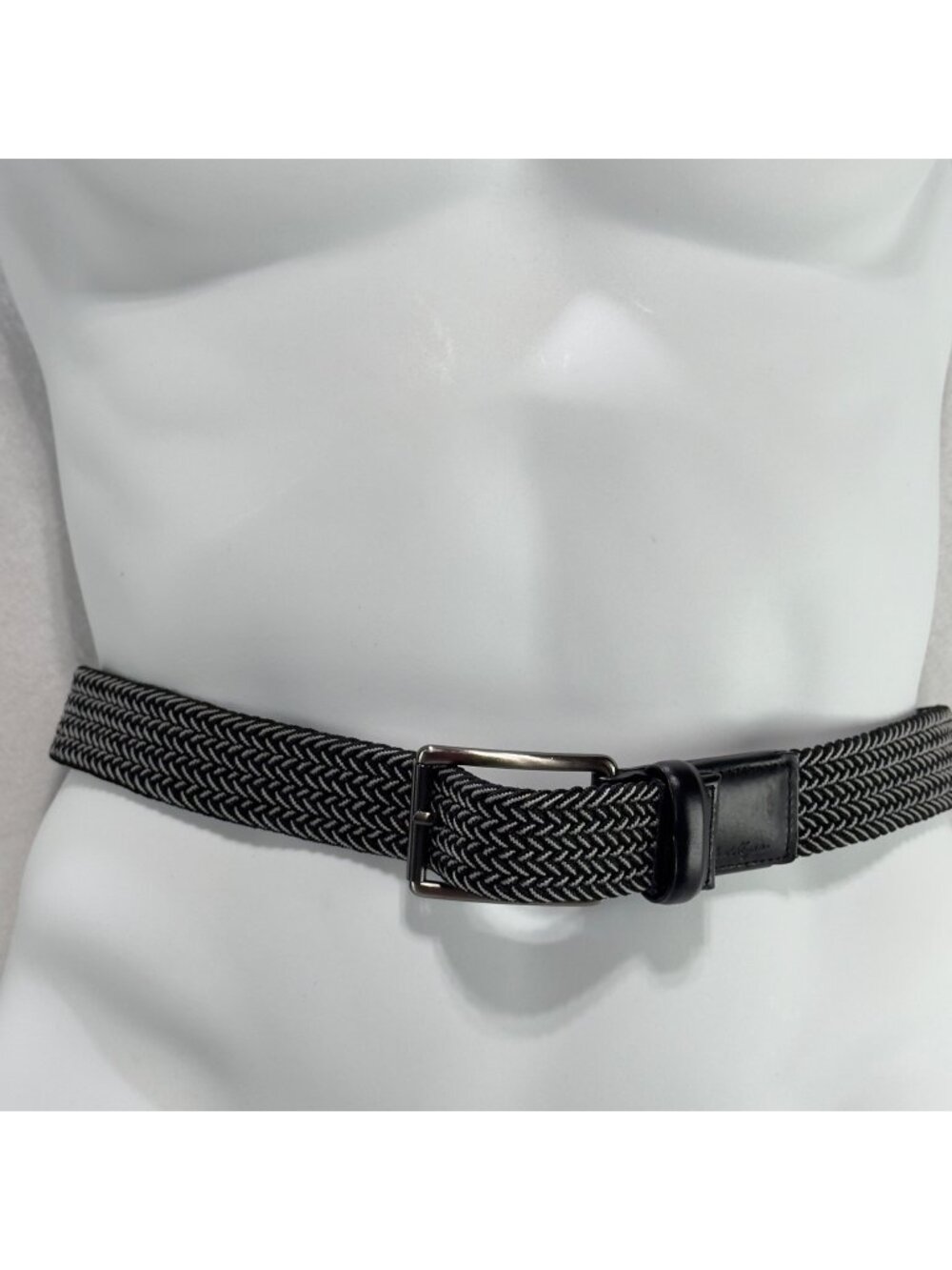 BEN HOGAN Men Black White Braided Elastic Belt Silver Metal Buckle  Leather Trim